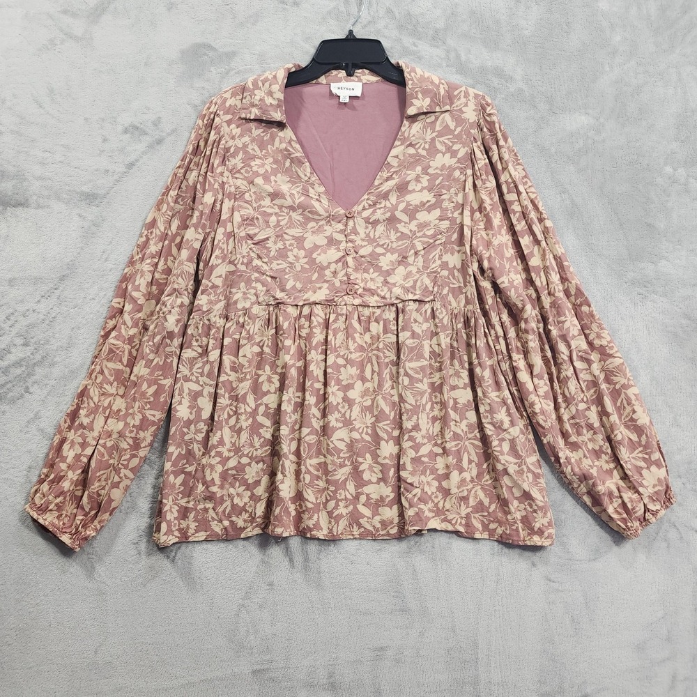HEYSON Top Womens 1XL Pink Floral V-Neck Button Tunic Boho Balloon Sleeve Casual